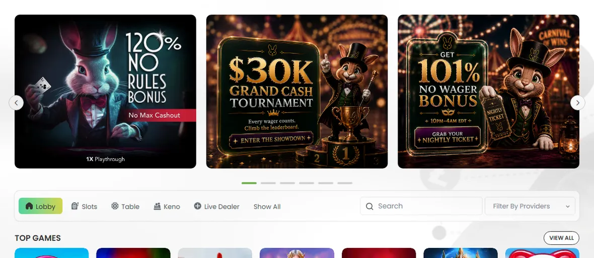 Slotbunny Casino — 100% hasta 500 € + 100 giros gratis en tu primer depósito